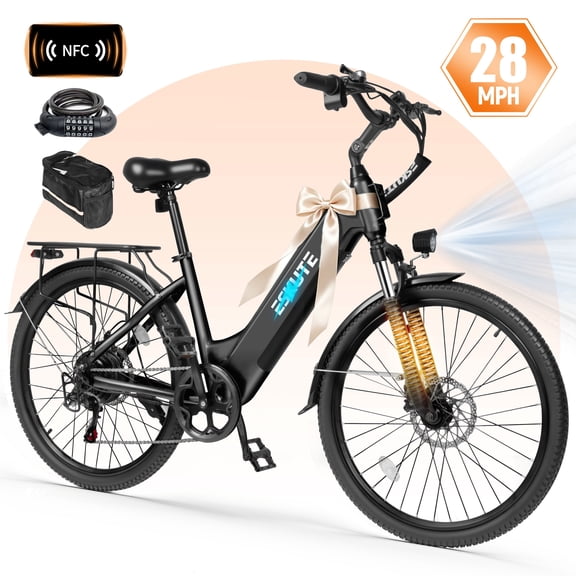 ESKUTE C200D Electric Bike for Adults – 1300W Peak Motor, 28MPH Step-Thru Ebike, 840Wh Removable Battery , Up to 70 Miles, 26" Tires, 7-Speed Black with Phonebag & Lock, UL2849