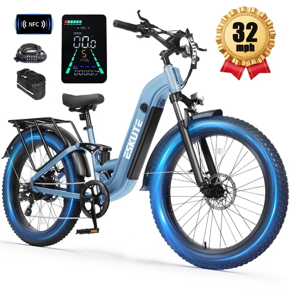 ESKUTE C300 1500W Electric Bike for Adults, 48V 20.8Ah Battery, 32MPH, 26"x4.0" Fat Tire Step-Thru Ebike, Full Suspension Electric Bicycle, 8-Speed Blue, With Phonebag & Lock, UL2849