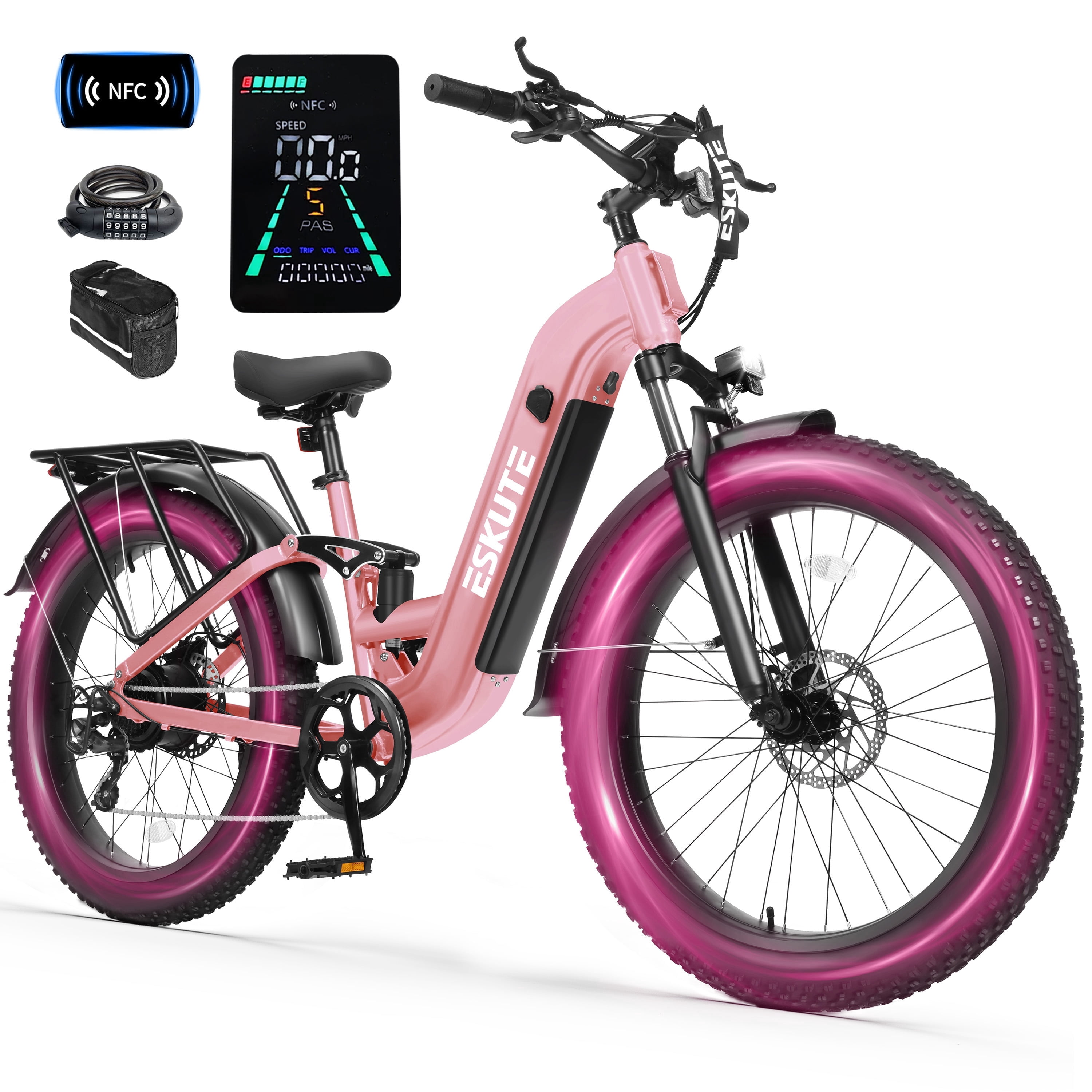 ESKUTE C300 750W Electric Bike for Adults, 48V 20.8Ah Battery, 20MPH, 26"x4.0" Fat Tire Step-Thru Ebike, Full Suspension Electric Bicycle, 8-Speed Pink, With Phonebag & Lock, UL2849