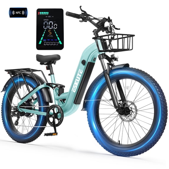 ESKUTE C300 750W Electric Bike for Adults, 48V 20.8Ah Battery, 20MPH, 26"x4.0" Fat Tire Step-Thru Ebike, Full Suspension Electric Bicycle, 8-Speed Green, With Front Basket, UL2849