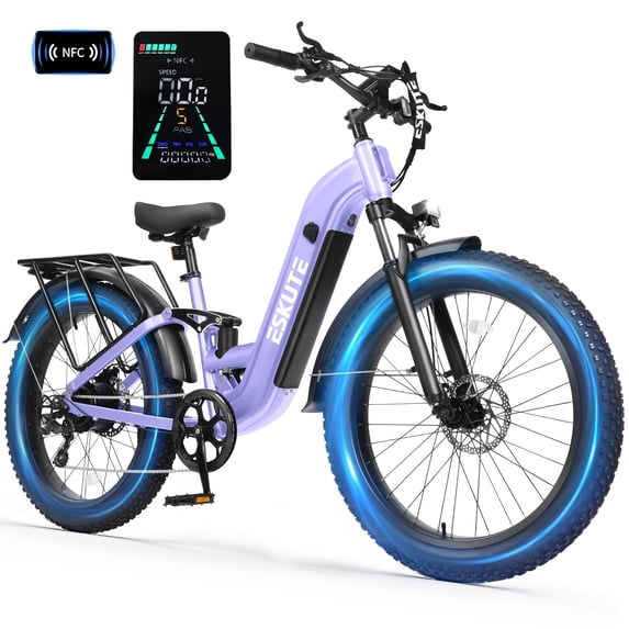 ESKUTE C300 750W Electric Bike for Adults, 48V 20.8Ah Battery, 20MPH, 26"x4.0" Fat Tire Step-Thru Ebike, Full Suspension Electric Bicycle, 8-Speed Purple, With Front Basket, UL2849