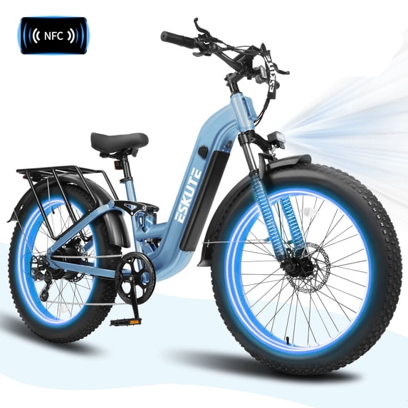 ESKUTE C300R 750W Electric Bike for Adults, 48V 20.8Ah Battery, 26"x4.0" Fat Tire Step-Thru Ebike, 20MPH, 80 Miles, Full Suspension Electric Bicycle, 8-Speed Blue, UL2849