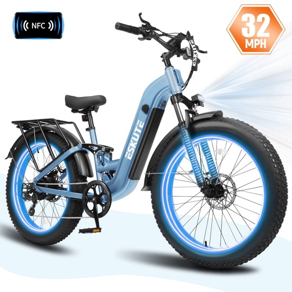 ESKUTE C300R 1500W Electric Bike for Adults, 48V 20.8Ah Battery, 26"x4.0" Fat Tire Step-Thru Ebike, 32MPH, 80 Miles, Full Suspension Electric Bicycle, 8-Speed Blue, UL2849