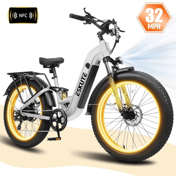 ESKUTE C300R 1500W Electric Bike for Adults, 48V 20.8Ah Battery, 26"x4.0" Fat Tire Step-Thru Ebike, 32MPH, 80 Miles, Full Suspension Electric Bicycle, 8-Speed White, UL2849