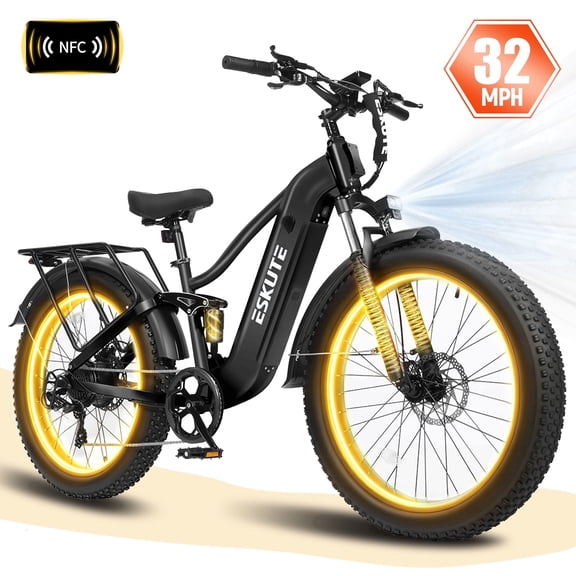 ESKUTE C300R Electric Bike for Adults, 20MPH-Speed 750W Motor, 80-Mile Range 48V 20.8Ah Battery, 26"x4.0" Fat Tire Ebike, Full Suspension, 8-Speed Black, UL2849