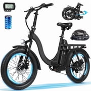 ESKUTE D200 Electric Bike for Adults 750W Peak Motor 20 Mph, Folding Fat Tire E Bike, 48V 10.4Ah Up to 55 Miles, with 7 Speed Step Through Cargo Fold E Bicycle, NFC Unlock, Black with Lock, UL2849