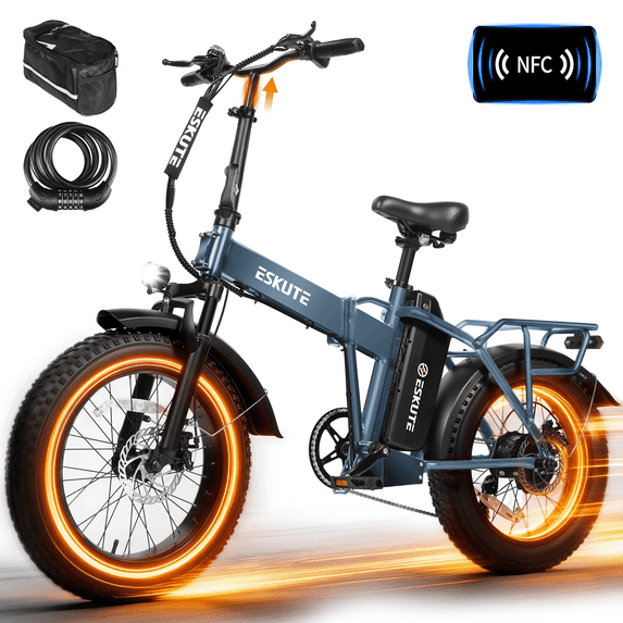 ESKUTE D300 Electric Bike for Adults, Folding Ebike with 750W Motor 20MPH, 48V 20.8Ah Removable Battery, 20"x4.0" Fat Tires, NFC Unlock,Blue with Phonebag & Lock, UL2849 Class 2