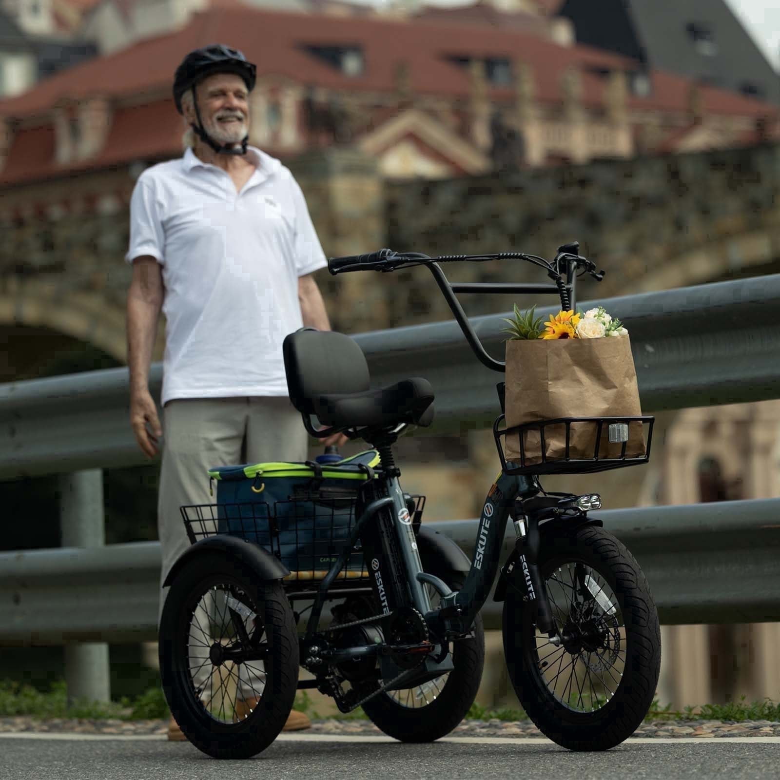 ESKUTE Black E Trike Electric Bike, 750W Brushless Motor Folding Trike 18X3.0 Fat Tire Ebike, 499Wh Removable Battery, Step-Thru 3 Wheel Electric Bicycle, 48V 13AH 18MPH Tricycle for Adults