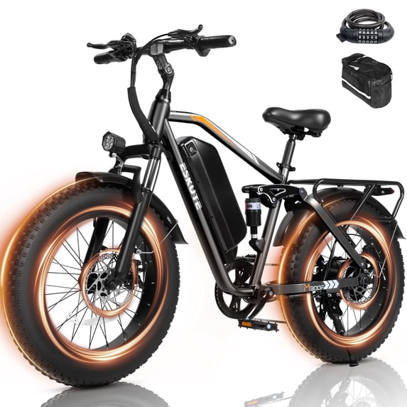 ESKUTE Electric Bike for Adults, 750W Motor, 48V 20.8Ah Removable Battery, Up to 80 Miles Range, Full Suspension, 20" x 4.0" Fat Tires, 7-Speed, Black with Phonebag & Lock