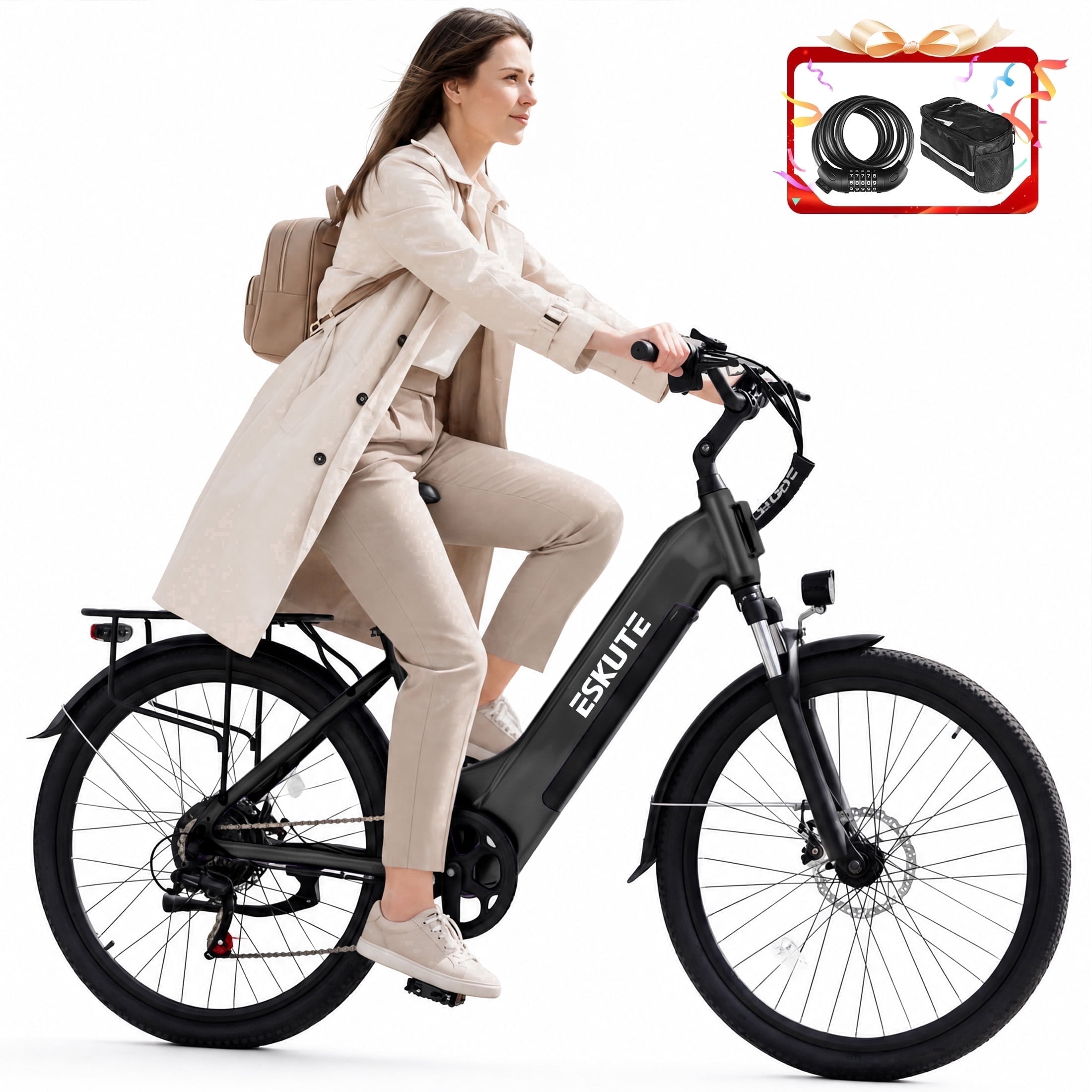 ESKUTE Electric Bike for Adults – 1300W Peak Motor, 28MPH, 840Wh Removable Battery, Up to 70-Mile Range, 26" Tires, 7-Speed Adjustable Stem, Step-Thru, Black with Phonebag & Lock
