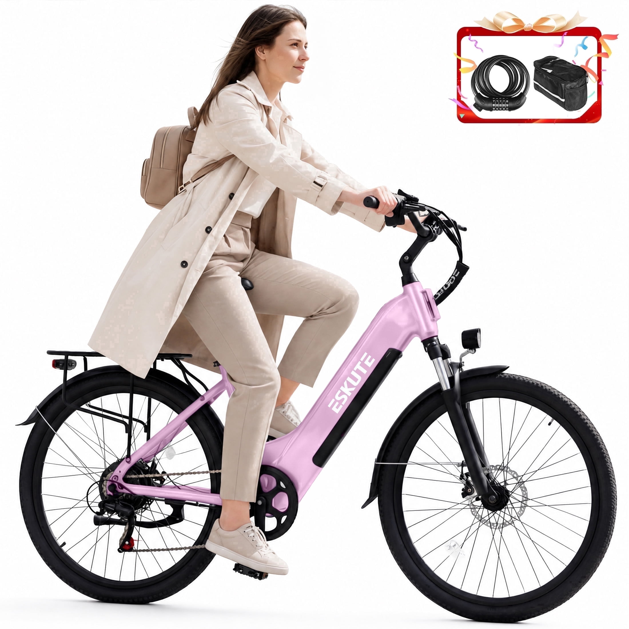 ESKUTE Electric Bike for Adults – 1300W Peak Motor, 28MPH, 840Wh Removable Battery, Up to 70-Mile Range, 26" Tires, 7-Speed Adjustable Stem, Step-Thru, Pink with Phonebag & Lock