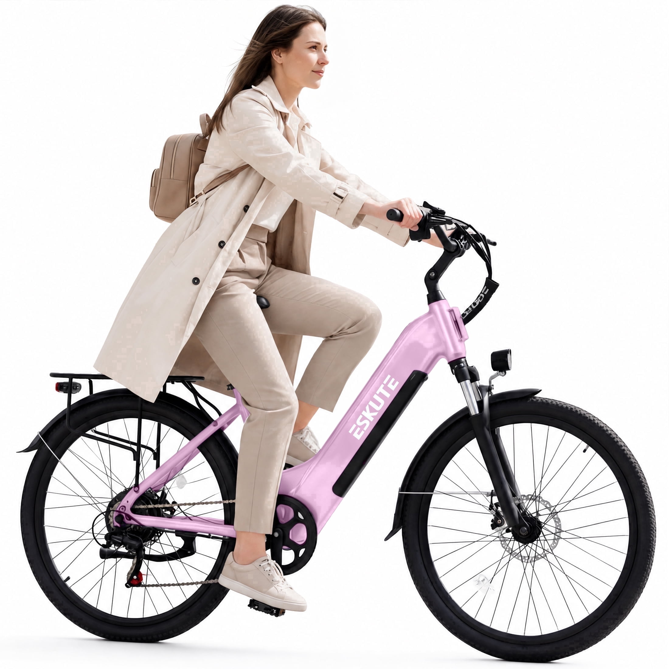 ESKUTE Electric Bike for Adults – 1300W Peak Motor, 28MPH, 840Wh Removable Battery, Up to 70-Mile Range, 26" Tires, 7-Speed Adjustable Stem, Step-Thru, Pink