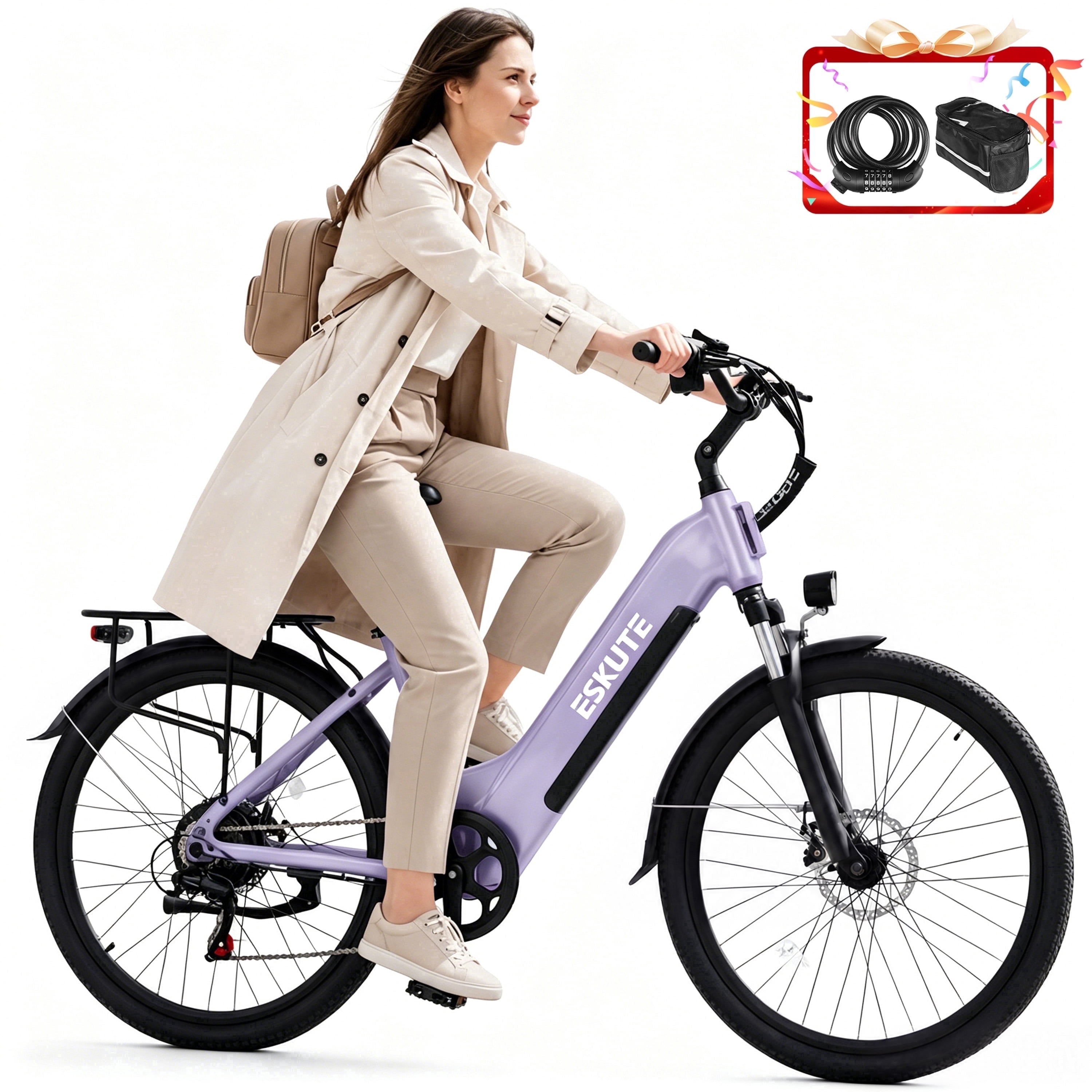 ESKUTE Electric Bike for Adults – 1300W Peak Motor, 28MPH, 840Wh Removable Battery, Up to 70-Mile Range, 26" Tires, 7-Speed Adjustable Stem, Step-Thru, Purple with Phonebag & Lock