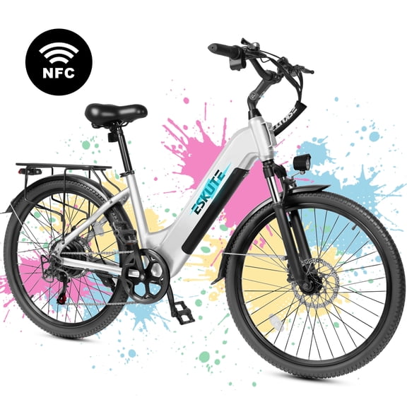 ESKUTE Electric Bike for Adults – 1300W Peak Power Ebike, 28MPH Step-Thru E-Bicycle with 840Wh Removable Battery, Up to 70-Mile Range, 26" Tires, 7-Speed Adjustable Stem, white