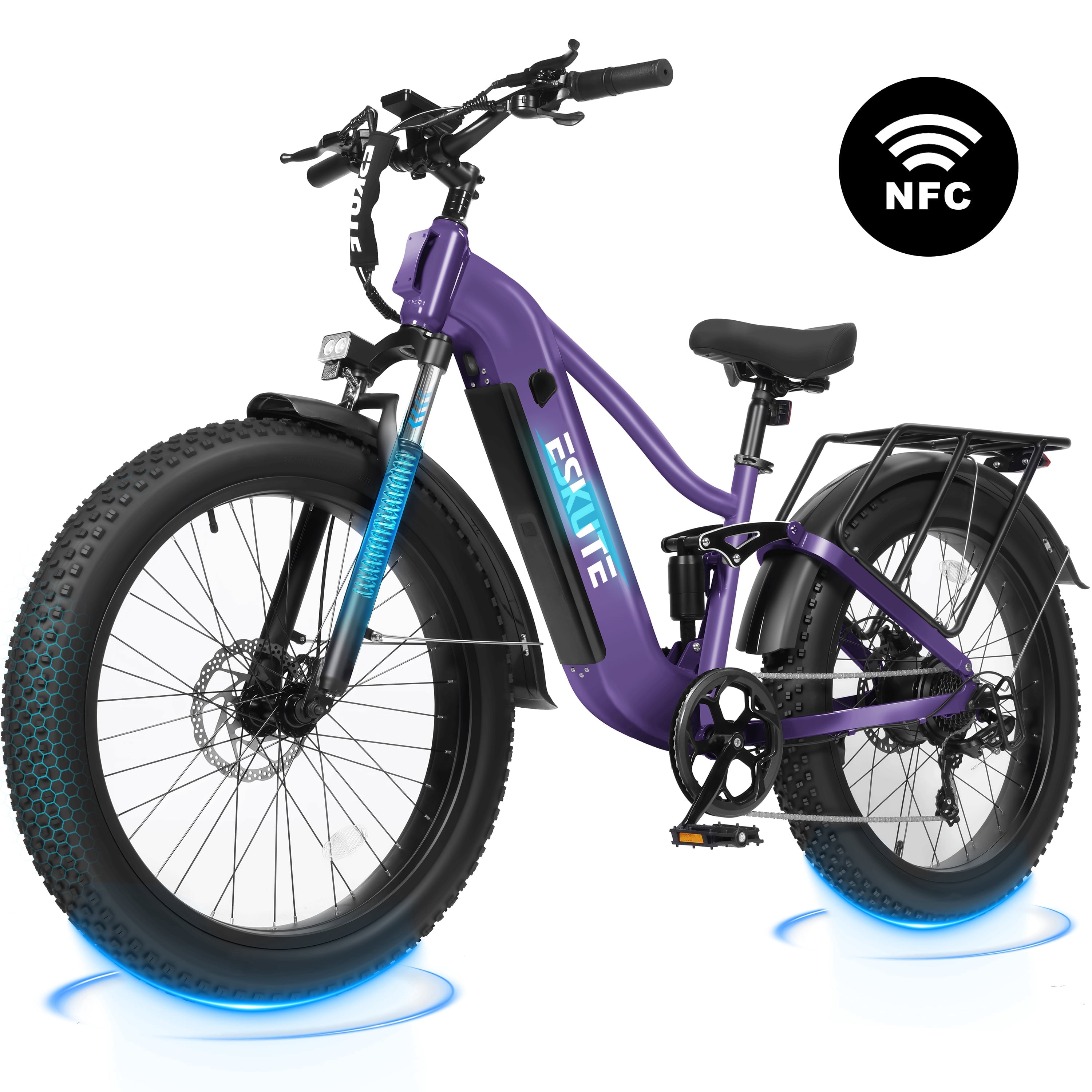 ESKUTE Electric Bike for Adults, 750W Motor, 20MPH, 48V 20.8Ah Battery, Up to 80-Mile Range, 26"x4.0" Fat Tires, Full Suspension, 8-Speed Blue