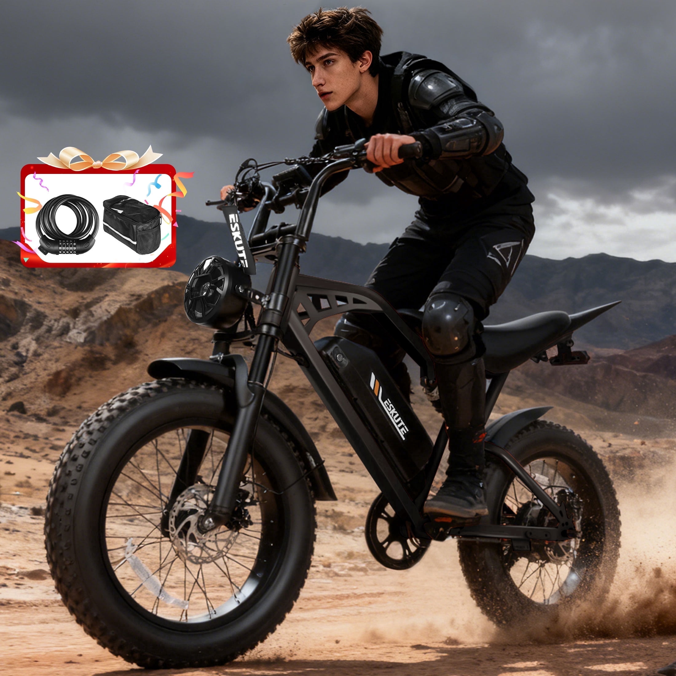 ESKUTE Electric Bike for Adults, 29MPH Dirt E-Bike, 48V 20.8Ah Battery, 20"x4.0" Fat Tires, 80-Mile Range, NFC Unlock, 7-Speed, Dual Suspension, Black with Phonebag & Lock