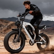 ESKUTE Electric Bike for Adults, 20MPH Dirt E-Bike, 52V 20.8Ah Battery, 20"x4.0" Fat Tires, 80-Mile Range, NFC Unlock, 7-Speed, Dual Suspension, White with Rear Rack & Footrests