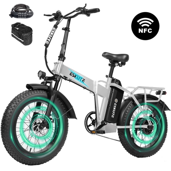 ESKUTE Electric Bike for Adults, Folding E-Bike, 750W Motor, 20x4 Inch Fat Tires, 20 MPH, 48V 20.8Ah Removable Battery, Up to 80-Mile Range, 7-Speed, NFC Unlock, White with Phonebag & Lock