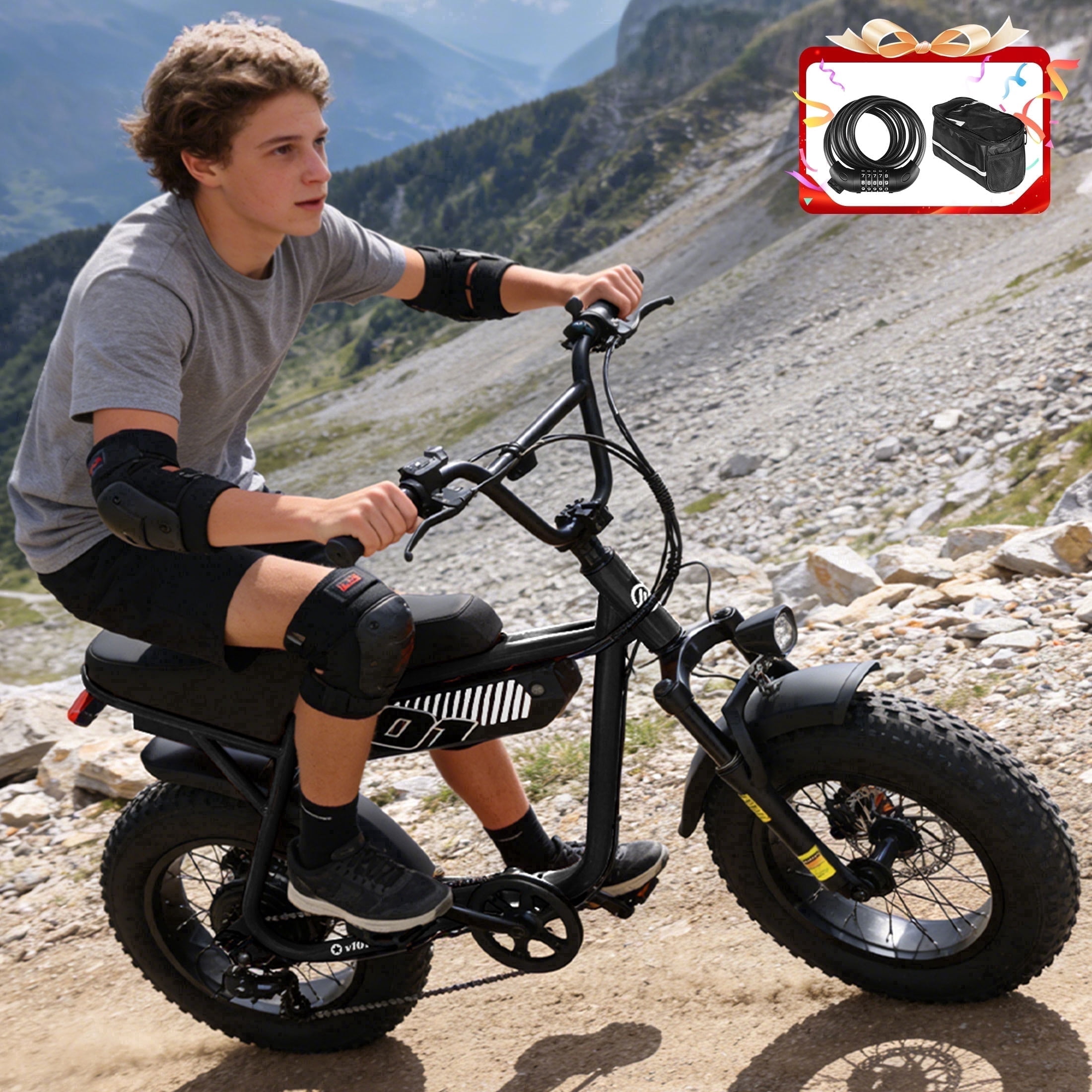ESKUTE Electric Bike for Adults & Teens, 750W Motor (1500W Peak), 28MPH Speed, 48V 13Ah Battery, 16"x4.0" Fat Tires, 7-Speed, Front Suspension, All-Terrain EBike Black with Phonebag & Lock