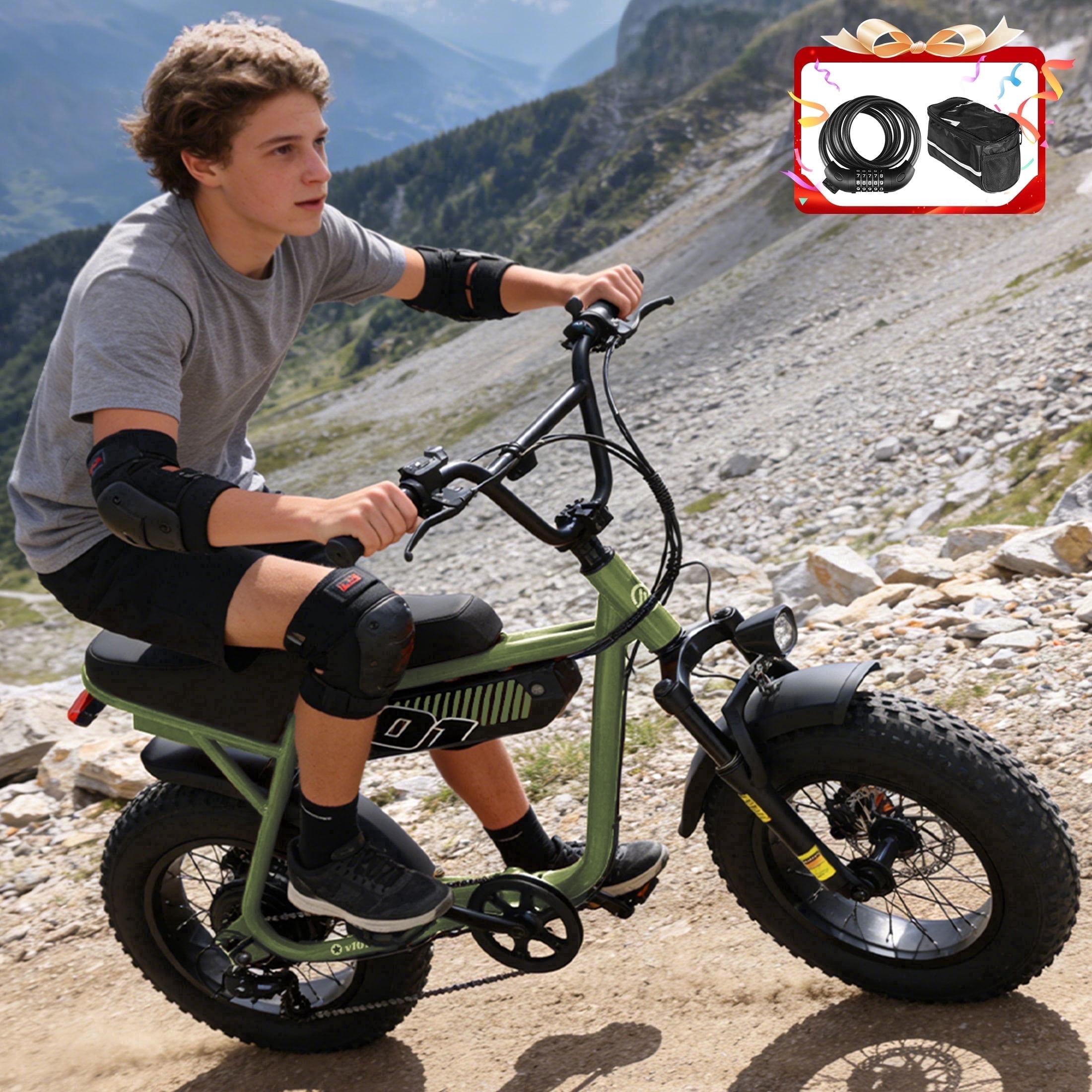 ESKUTE Electric Bike for Adults & Teens, 750W Motor (1500W Peak), 28MPH Speed, 48V 13Ah Battery, 16"x4.0" Fat Tires, 7-Speed, Front Suspension, All-Terrain EBike Green with Phonebag & Lock
