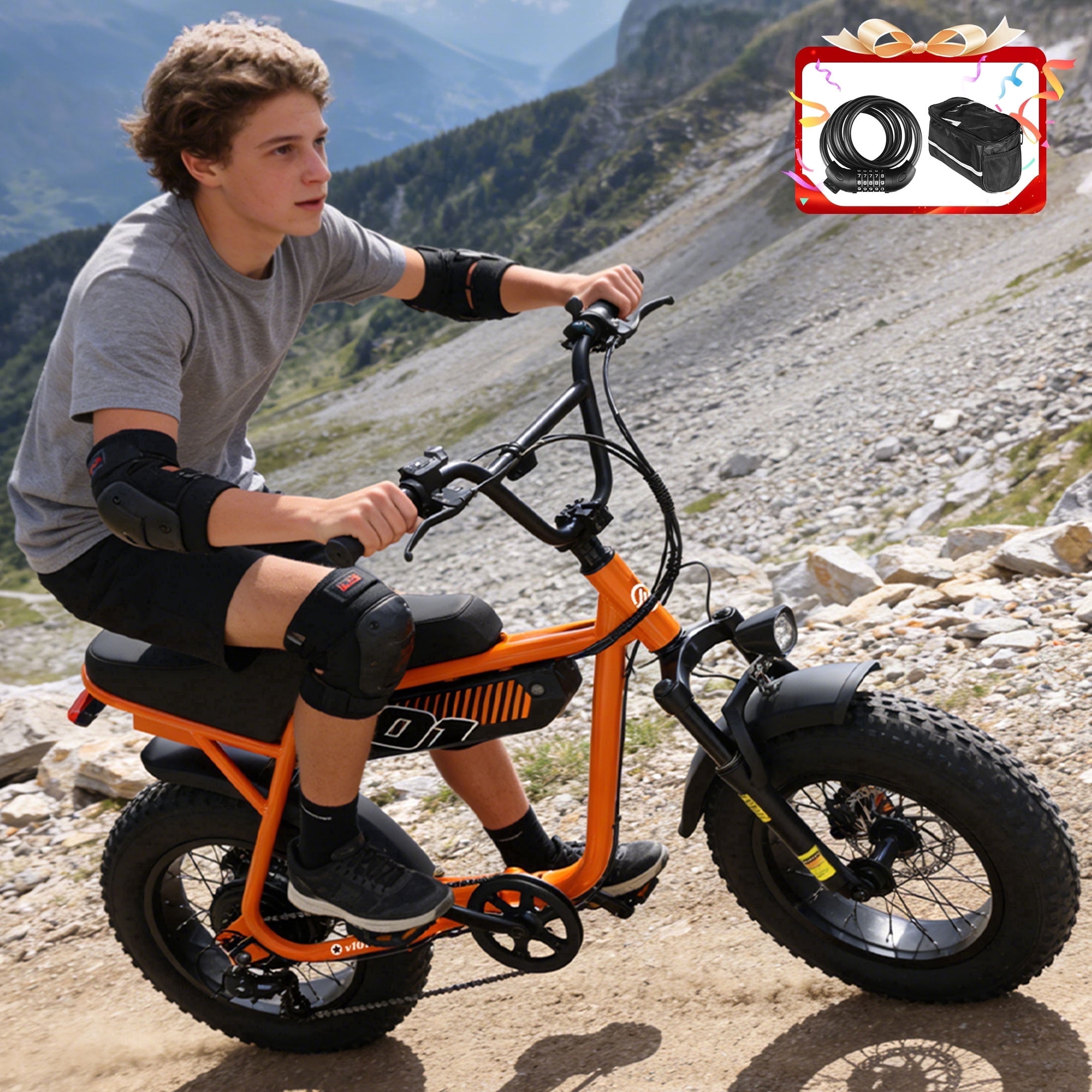 ESKUTE Electric Bike for Adults & Teens, 750W Motor (1500W Peak), 28MPH Speed, 48V 13Ah Battery, 16"x4.0" Fat Tires, 7-Speed, Front Suspension, All-Terrain EBike Orangewith Phonebag & Lock