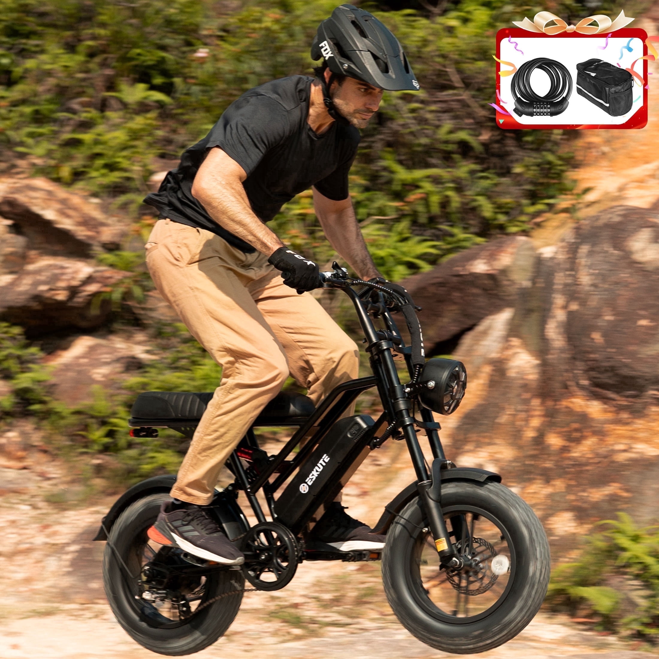 ESKUTE Electric Bike for Teens & Adults, 750W Motor (1500W Peak), 28mph Speed, 48V 13Ah Battery, 16"x4.0" Fat Tires, 7-Speed E-Bike with Dual Suspension, Black with Lock & Phonebag
