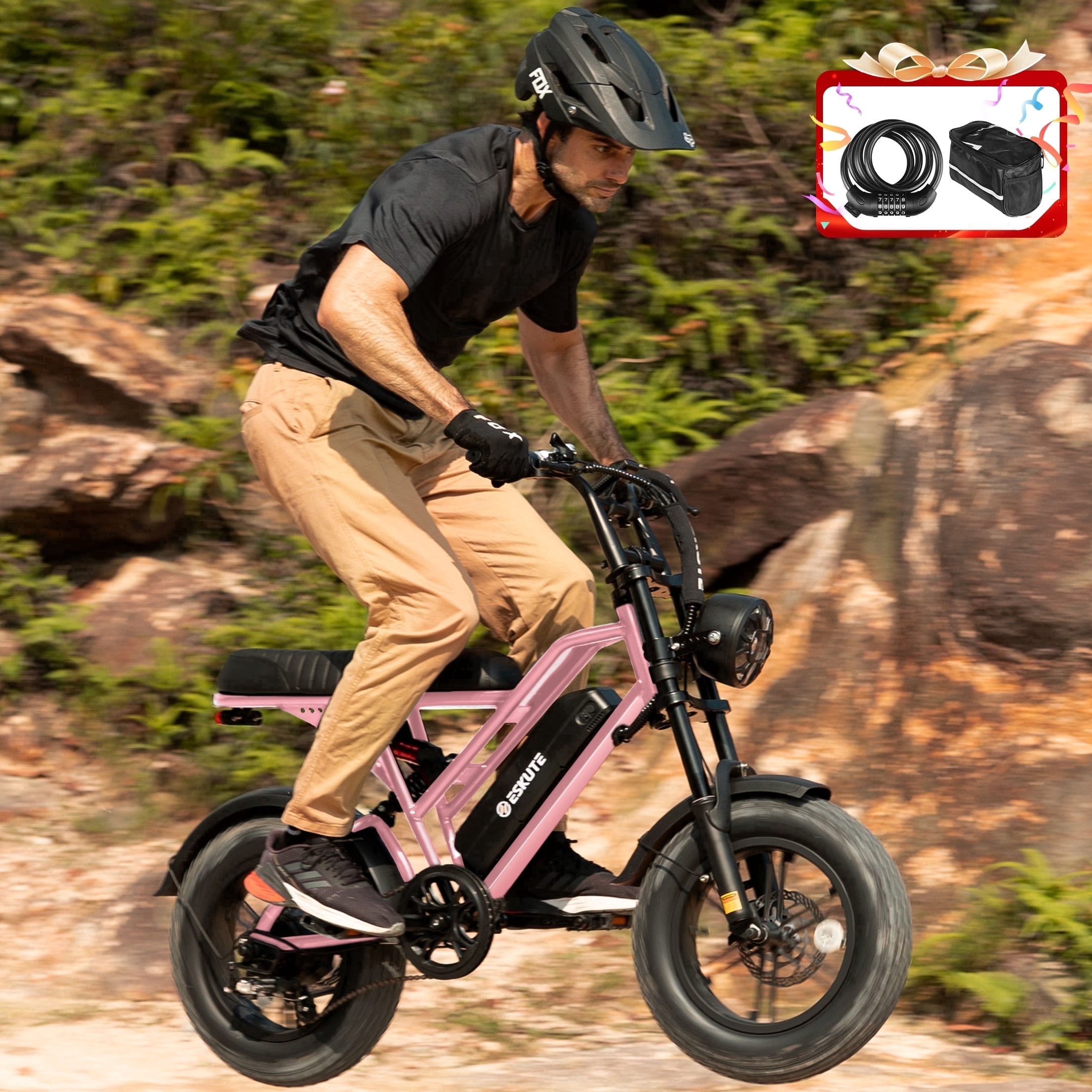 ESKUTE Electric Bike for Teens & Adults, 750W Motor (1500W Peak), 28mph Speed, 48V 13Ah Battery, 16"x4.0" Fat Tires, 7-Speed E-Bike with Dual Suspension, Pink with Lock & Phonebag