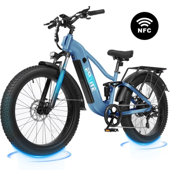 ESKUTE Electric Bike for Adults, 750W Motor, 20MPH, 48V 20.8Ah Battery, Up to 80-Mile Range, 26"x4.0" Fat Tires, Full Suspension, 8-Speed Blue