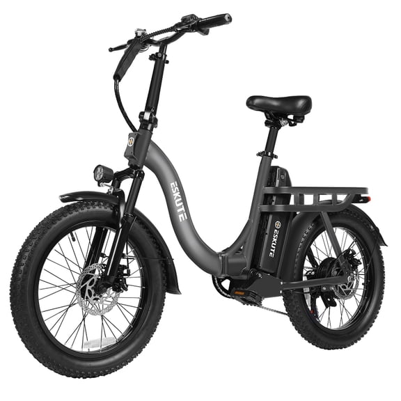 ESKUTE Grey Electric Bike for Adults 1200W Peak Motor, Folding 20x3 Fat Tire EBike,500W Motor 48V 10.4Ah Battery, StepThrough Cargo Fold Ebike, NFC Unlock, 19.5MPH, 7Speed, Up to 55Miles