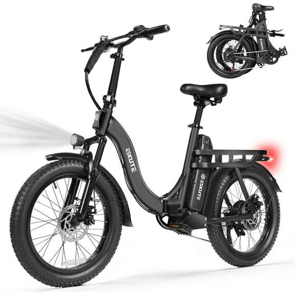 ESKUTE Grey Electric Bike for Adults  1200W Peak Motor, Folding 20x3 Fat Tire EBike,500W Motor  48V 10.4Ah Battery, StepThrough Cargo Fold Ebike, NFC Unlock, 19.5MPH, 7Speed, Up to 55Miles