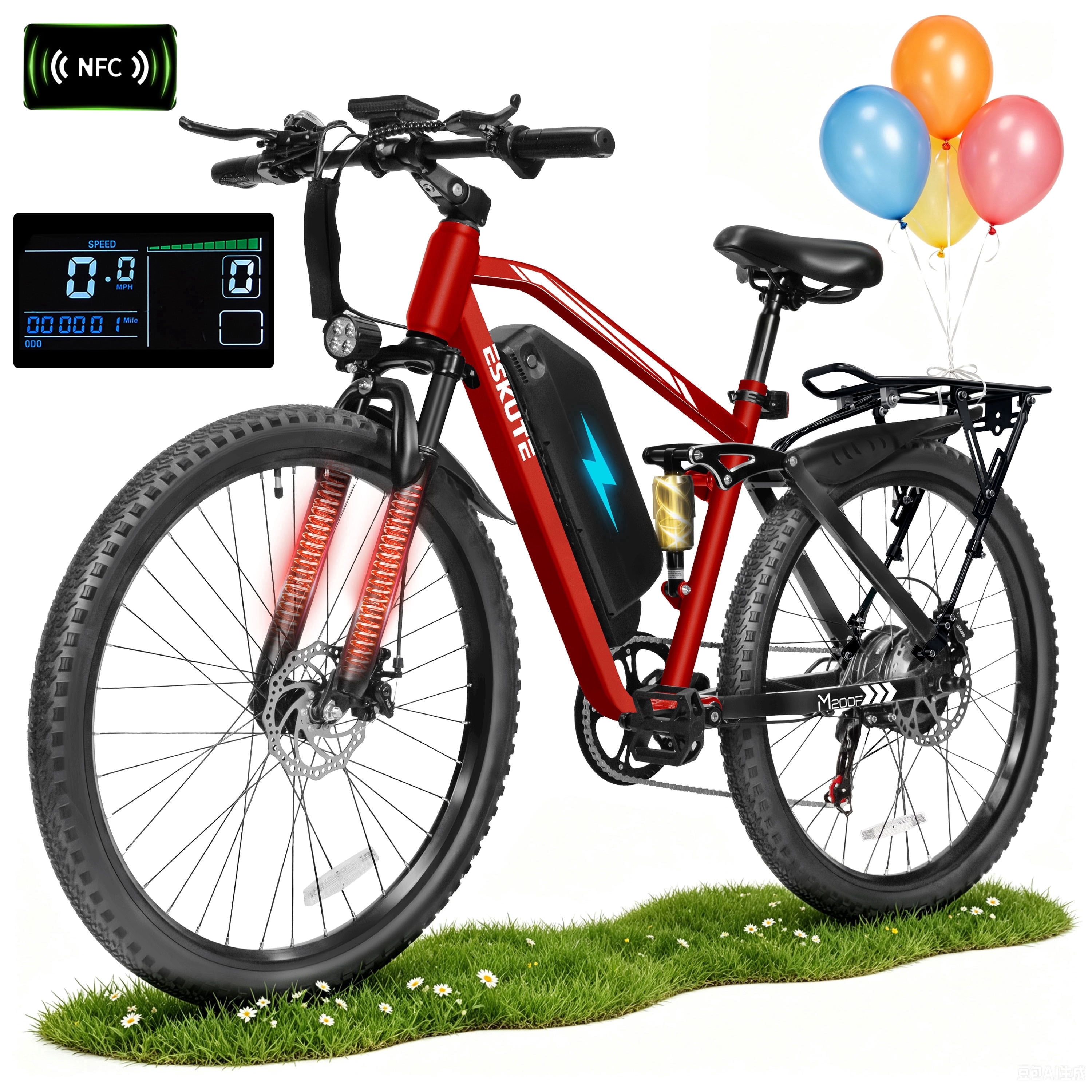 ESKUTE M200D Electric Mountain Bike for Adults, 27.5" Full Suspension E-Bike, 750W Brushless Motor, 20 MPH Speed, 48V 20.8Ah , 80 Miles Range, Step-Over Electric Bicycle Black, UL2849