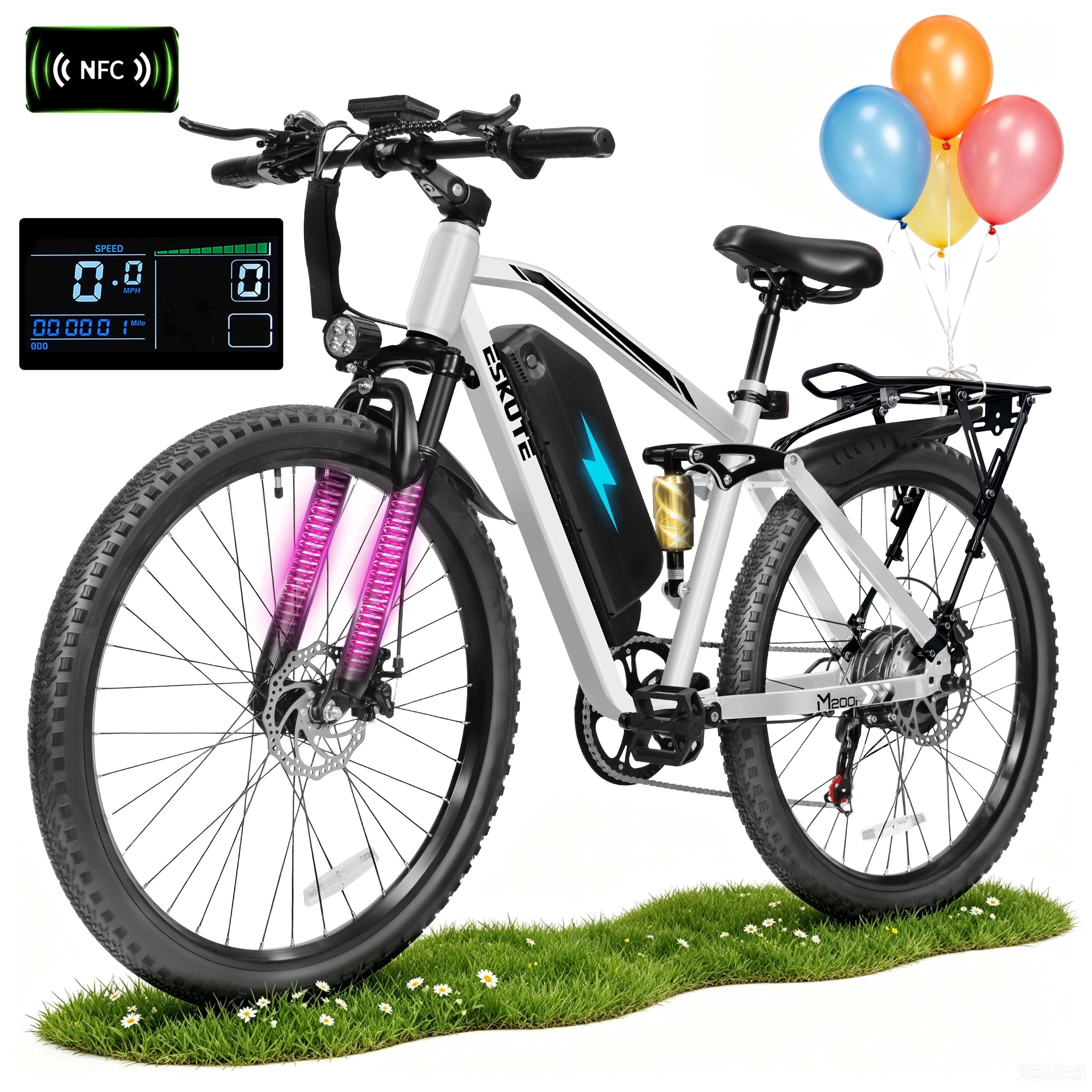 ESKUTE M200D Electric Mountain Bike for Adults, 27.5" Full Suspension E-Bike, 750W Brushless Motor, 20 MPH Speed, 48V 20.8Ah , 80 Miles Range, Step-Over Electric Bicycle Black, UL2849