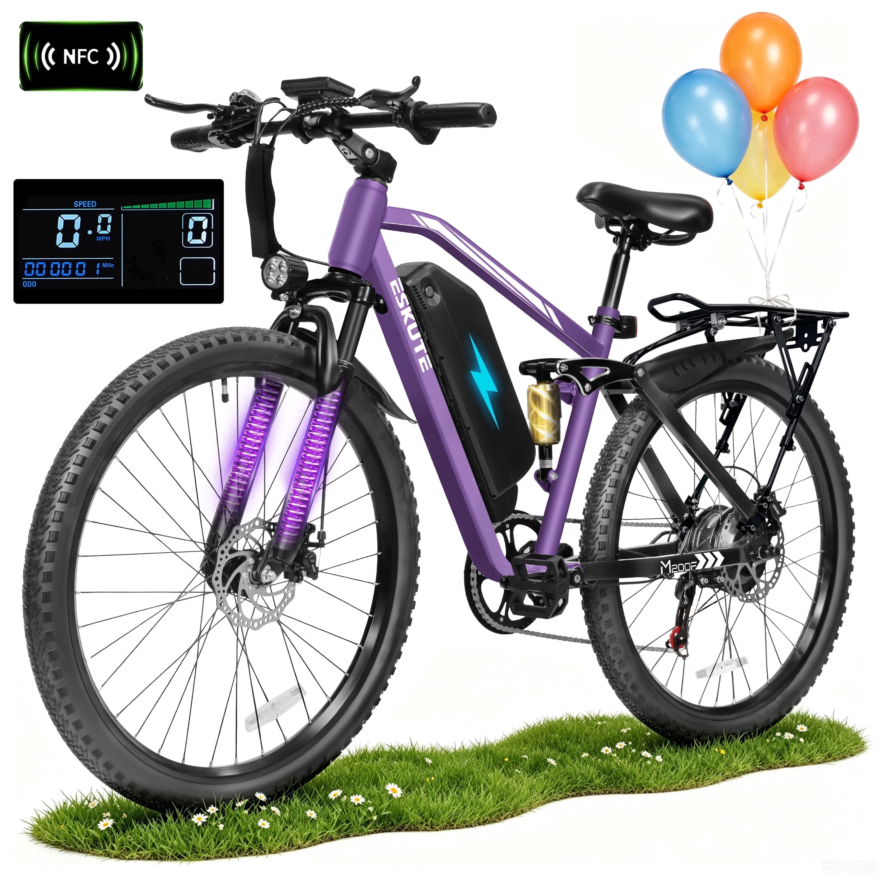ESKUTE M200D Electric Mountain Bike for Adults, 27.5" Full Suspension E-Bike, 750W Brushless Motor, 20 MPH Speed, 48V 20.8Ah , 80 Miles Range, Step-Over Electric Bicycle Black, UL2849