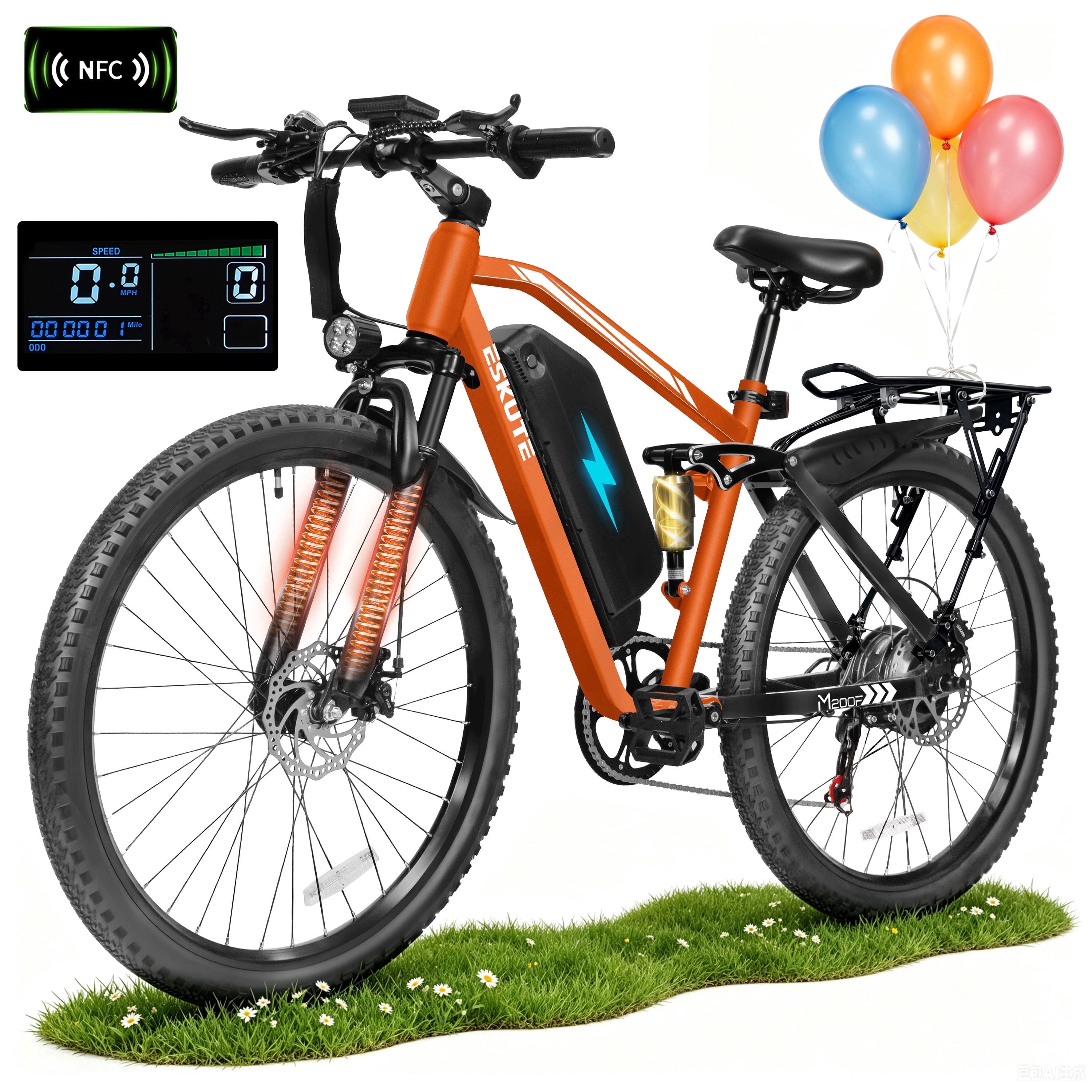 ESKUTE M200D Electric Mountain Bike for Adults, 27.5" Full Suspension E-Bike, 750W Brushless Motor, 20 MPH Speed, 48V 20.8Ah , 80 Miles Range, Step-Over Electric Bicycle Black, UL2849
