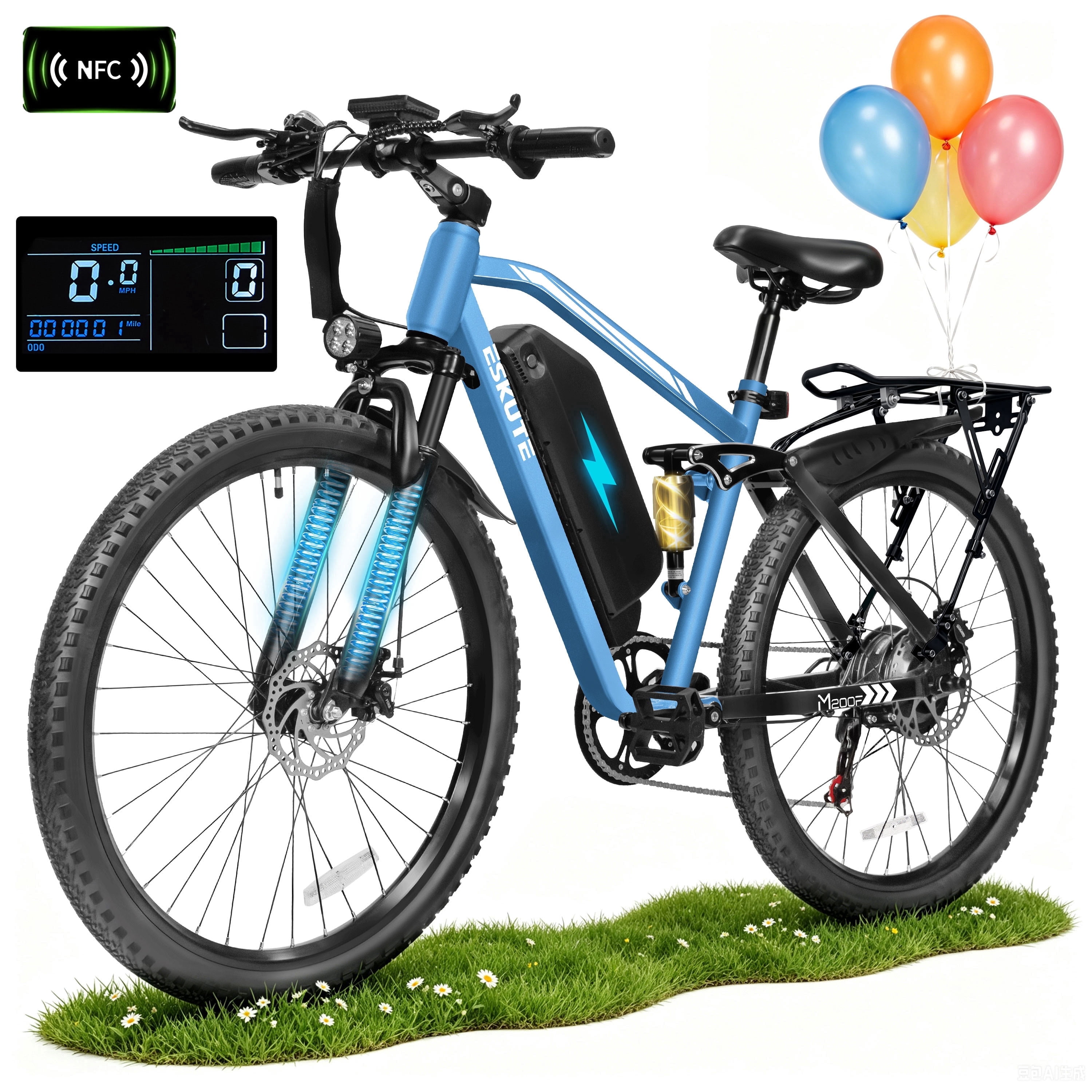 ESKUTE M200D Electric Mountain Bike for Adults, 27.5" Full Suspension E-Bike, 750W Brushless Motor, 20 MPH Speed, 48V 20.8Ah , 80 Miles Range, Step-Over Electric Bicycle Black, UL2849