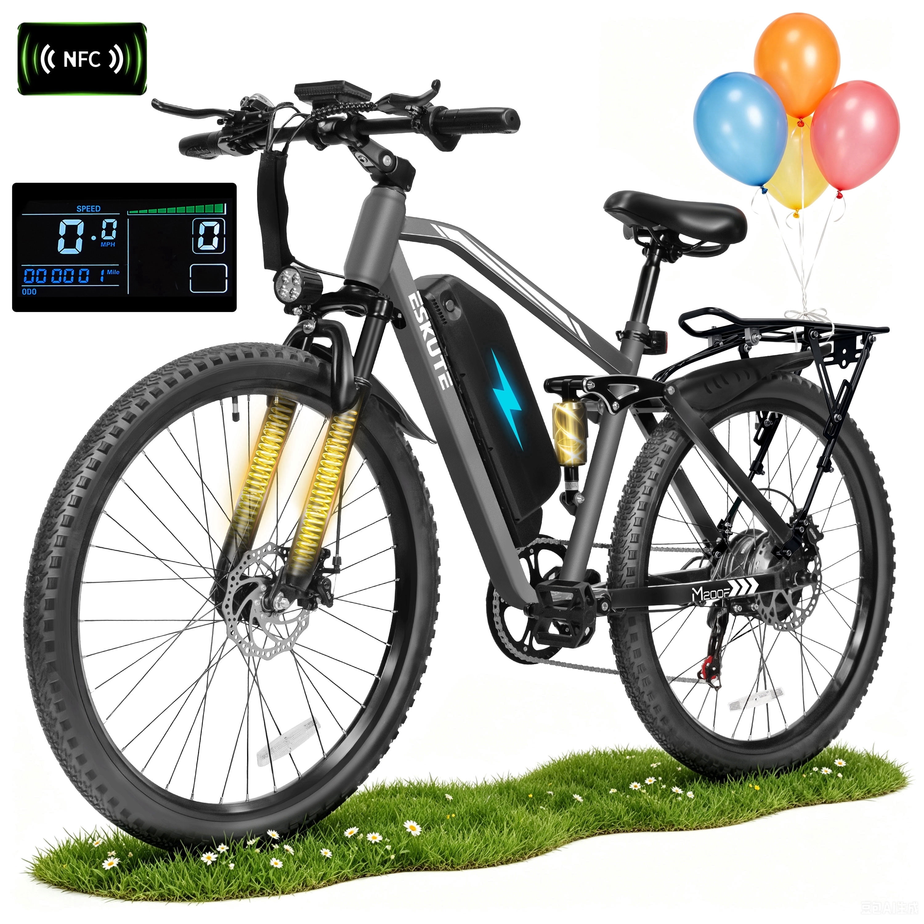 ESKUTE M200D Electric Mountain Bike for Adults, 27.5" Full Suspension E-Bike, 750W Brushless Motor, 20 MPH Speed, 48V 20.8Ah , 80 Miles Range, Step-Over Electric Bicycle Black, UL2849