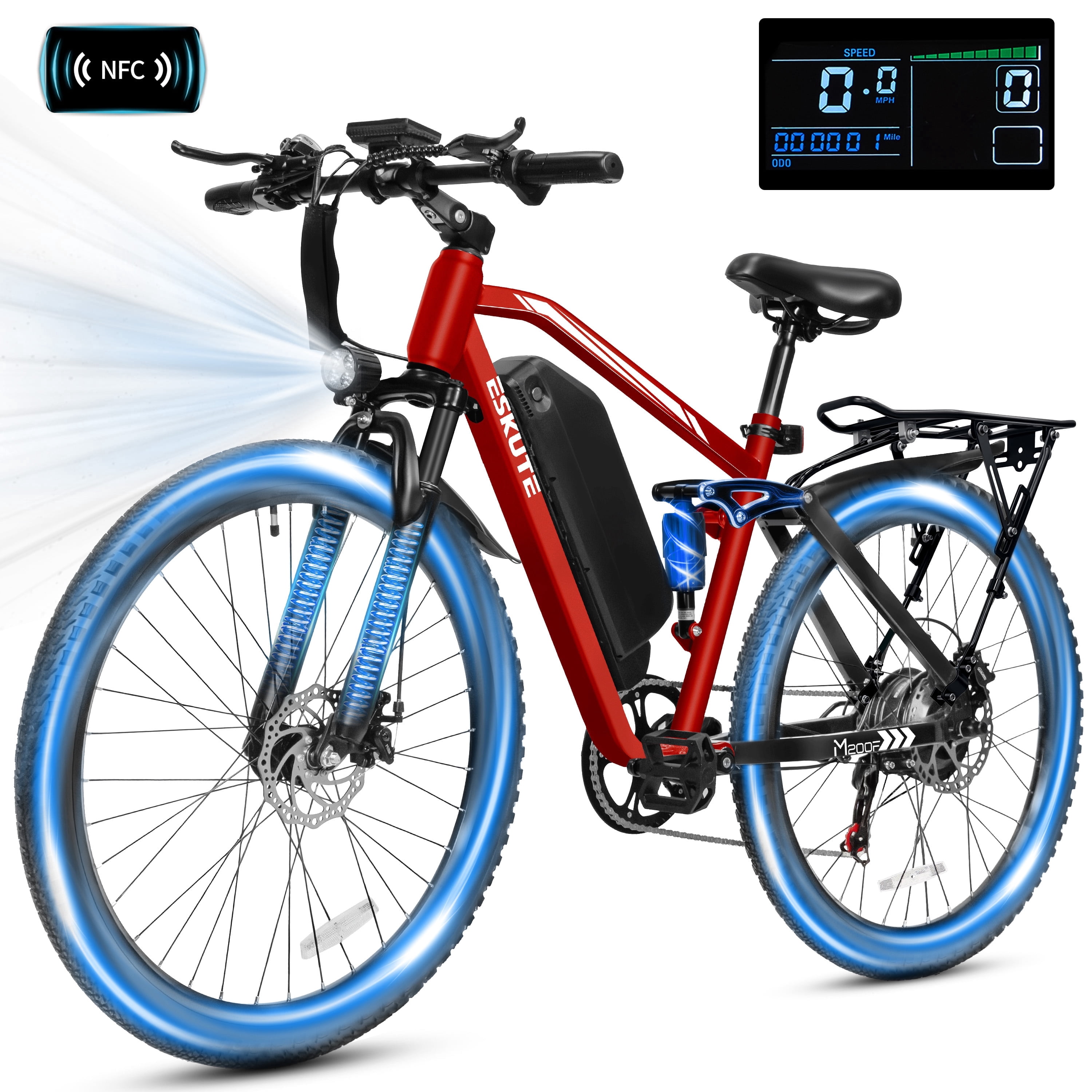 ESKUTE M200F Electric Bike for Adults, 27.5" Full Suspension Mountain E-Bike, 750W Motor 20 MPH, 48V 20.8Ah Up to 60 Miles Range, Step-Over Electric Bicycle Black, UL2849
