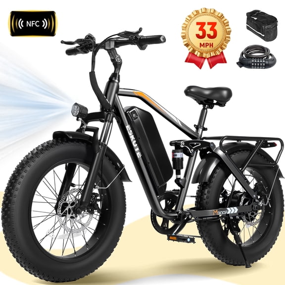 ESKUTE M300 Electric Bike for Adults, Full Suspension Fat Tire Mountain Ebike, 52V 20.8Ah Removable Battery, 1200W Motor, Up to 33MPH, 80 Miles Electric Bicycle Black with Phonebag & Lock, UL2849