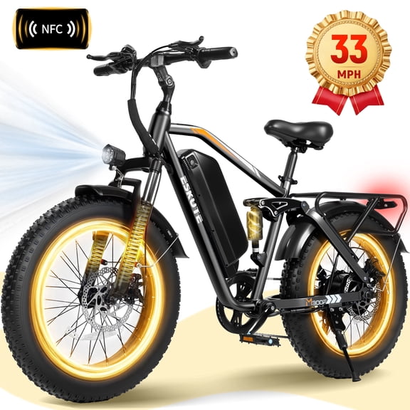 ESKUTE M300 Electric Bike for Adults, Full Suspension Fat Tire Mountain Ebike, 52V 20.8Ah Removable Battery, 1200W Motor, Up to 33MPH, 80 Miles Electric Bicycle Black, UL2849
