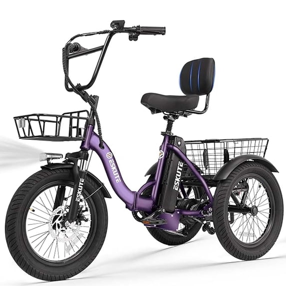 ESKUTE Purple E Trike Electric Bike, Peak 1200W Brushless Motor Folding Trike 18X3.0 Fat Tire Ebike, 499Wh Removable Battery, Step-Thru 3 Wheel Electric Bicycle, 48V 13AH 18MPH+ Tricycle for Adults