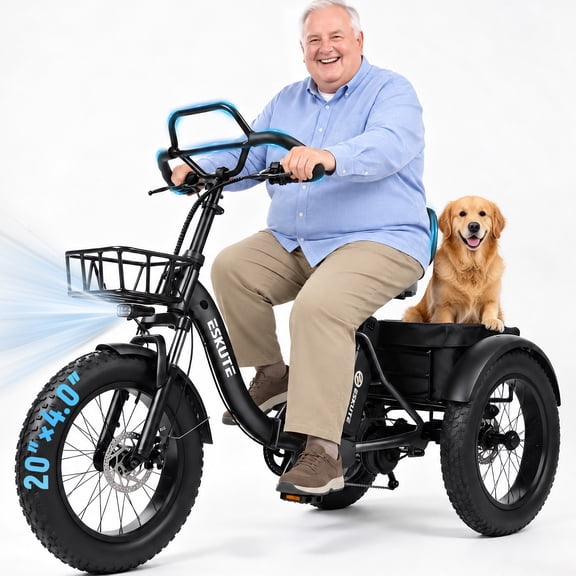 ESKUTE T300 Pro Adult Electric Tricycle with Reverse, E Trike, 998.4Wh Battery, 20" x 4.0" Fat Tires, Foldable 3 Wheel Electric Bike, Stable Ride for Seniors & Parents Black, UL2849