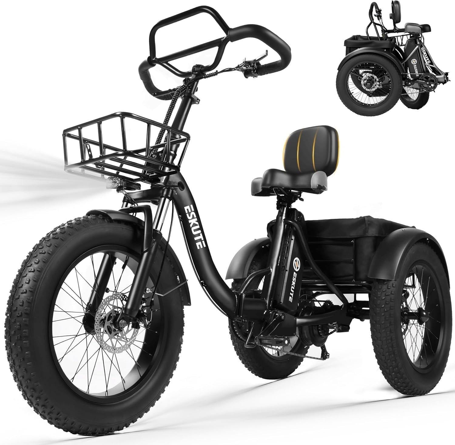 ESKUTE  Black Electric Trike for Adults, 500W Motor 48V 20.8Ah , 1200W Peak Motor, 20"x4.0" Fat Tires, 16+MPH, Foldable 3-Wheel Butterfly Handlebar E-Bike with Storage Bags, Gifts for Parent