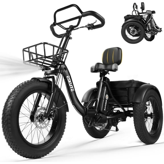 ESKUTE T300 Pro Black Electric Trike for Adults, 500W Motor 48V 20.8Ah , 1200W Peak Motor, 20"x4.0" Fat Tires, 16+MPH, Foldable 3-Wheel Butterfly Handlebar E-Bike with Storage Bags, Gifts for Parent