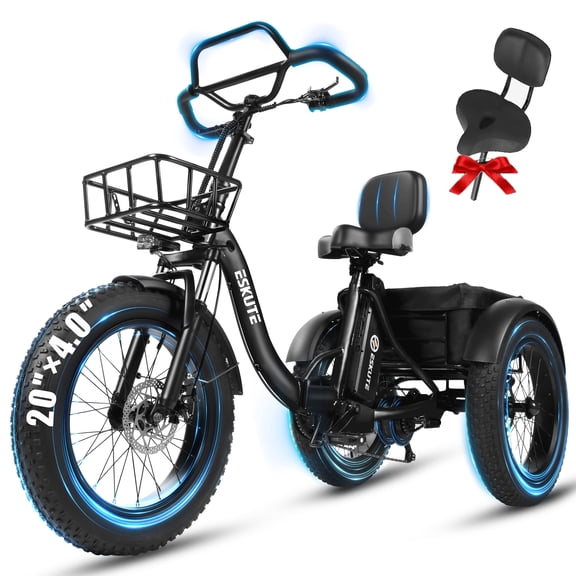 ESKUTE T300 Pro Electric Tricycle for Adults, E Trike,998.4Wh Battery, 20" x 4.0" Fat Tires, Foldable 3 Wheel Electric Bike, Black with Oversized Seat, UL2849