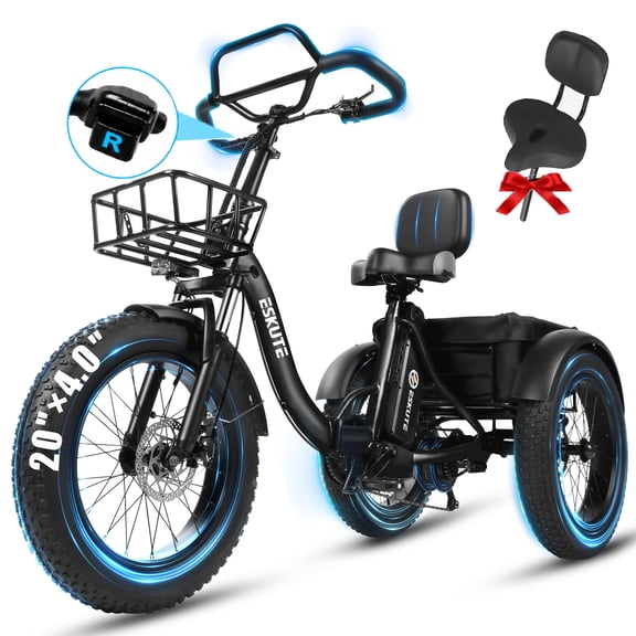 ESKUTE T300 Pro Adult Electric Tricycle with Reverse, E Trike,998.4Wh Battery, 20" x 4.0" Fat Tires, Foldable 3 Wheel Electric Bike, Black with Oversized Seat, UL2849