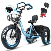 ESKUTE T300 Pro Adult Electric Tricycle with Reverse, E Trike,998.4Wh Battery, 20" x 4.0" Fat Tires, Foldable 3 Wheel Electric Bike, Blue with Oversized Seat, UL2849