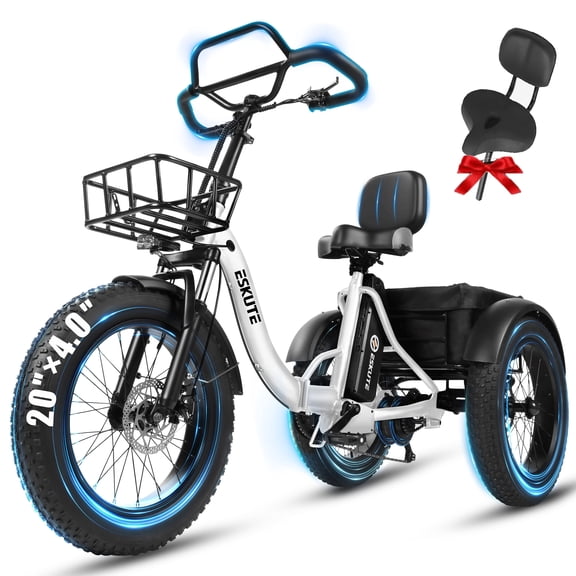 ESKUTE T300 Pro Electric Tricycle for Adults, E Trike,998.4Wh Battery, 20" x 4.0" Fat Tires, Foldable 3 Wheel Electric Bike, White with Oversized Seat, UL2849