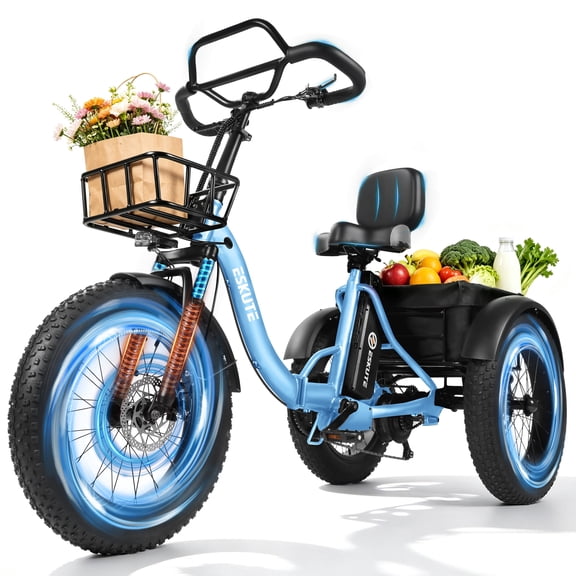 ESKUTE T300P Electric Tricycle for Adults, 3 Wheel Electric Bike, Foldable E Trike, 998.4Wh Battery, 20" x 4.0" Fat Tire, Stable Ride Tricycle for Seniors & Parents, Blue, UL2849