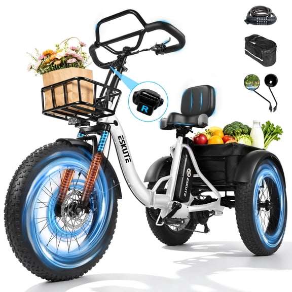 ESKUTE T300P Adult Electric Tricycle with Reverse, 3 Wheel Electric Bike, Foldable E Trike, 998.4Wh Battery, 20" x 4.0" Fat Tire, White with Phonebag & Mirror & Lock, UL2849