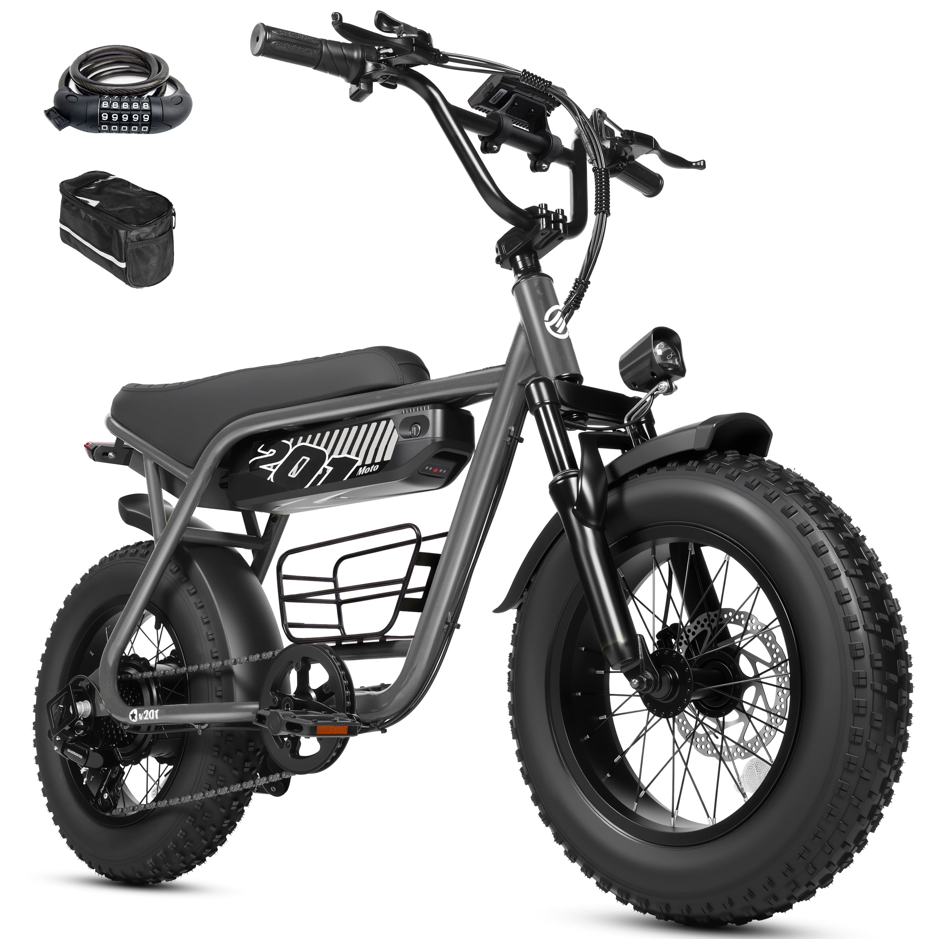 ESKUTE V201 Electric Bike for Adults & Teens 500W, 19MPH, 48V 15.6Ah Battery, 20"x4.0" Fat Tire 7-Speed, Front Suspension, All-Terrain Ebike Gray with Phonebag & Lock, UL2849